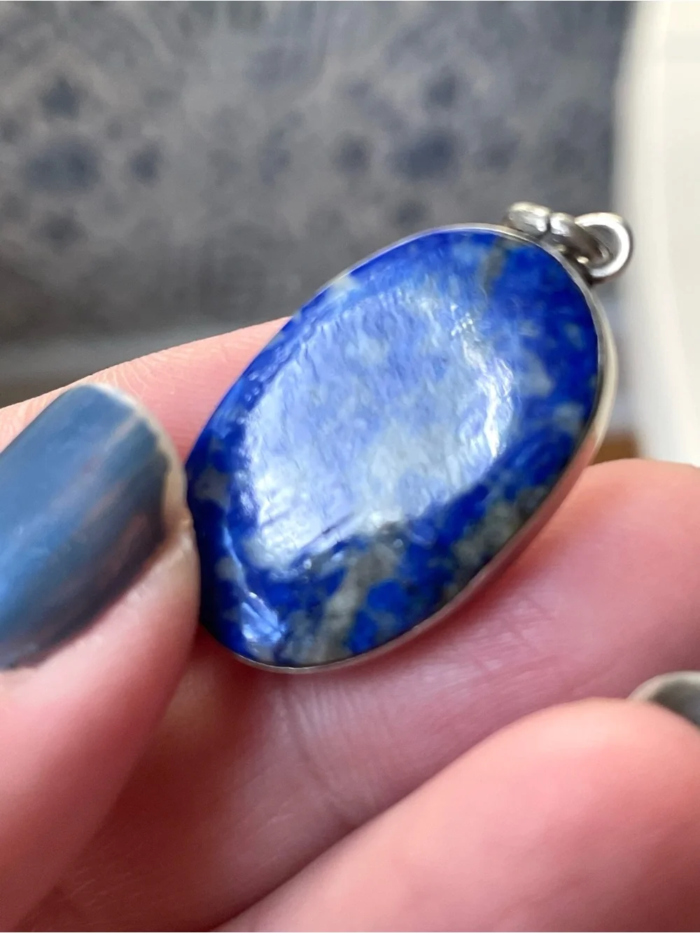 Vintage stamped 925 sterling silver & polished blue stone pendant boho